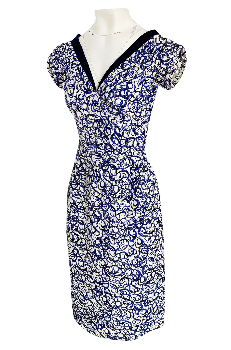 1940s Hand Painted Blue & White Silk Swing Dress w Swirling Sequin Detailing