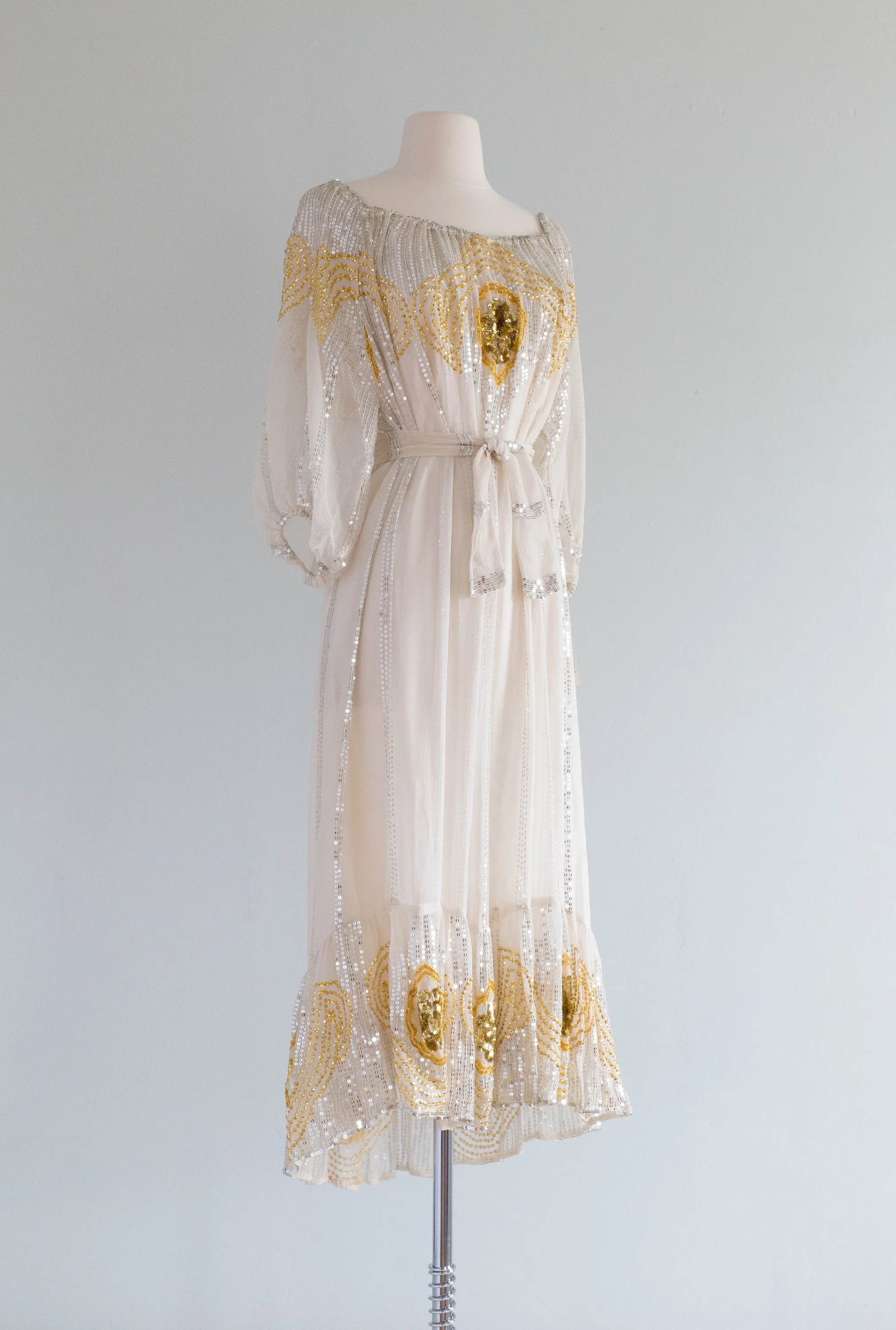 1970s LUXE BOHEMIAN Silk Chiffon Sequin Dress by SWEE LO / OS