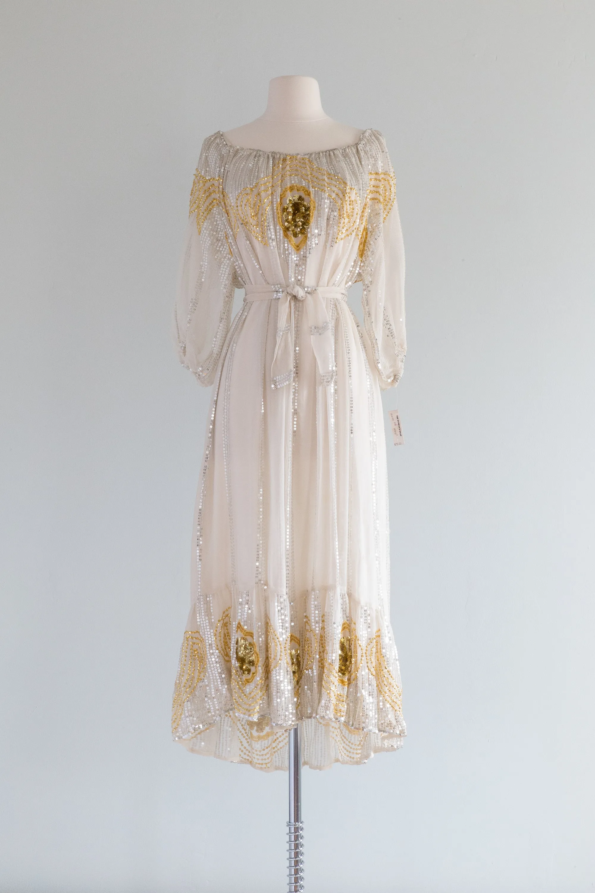 1970s LUXE BOHEMIAN Silk Chiffon Sequin Dress by SWEE LO / OS