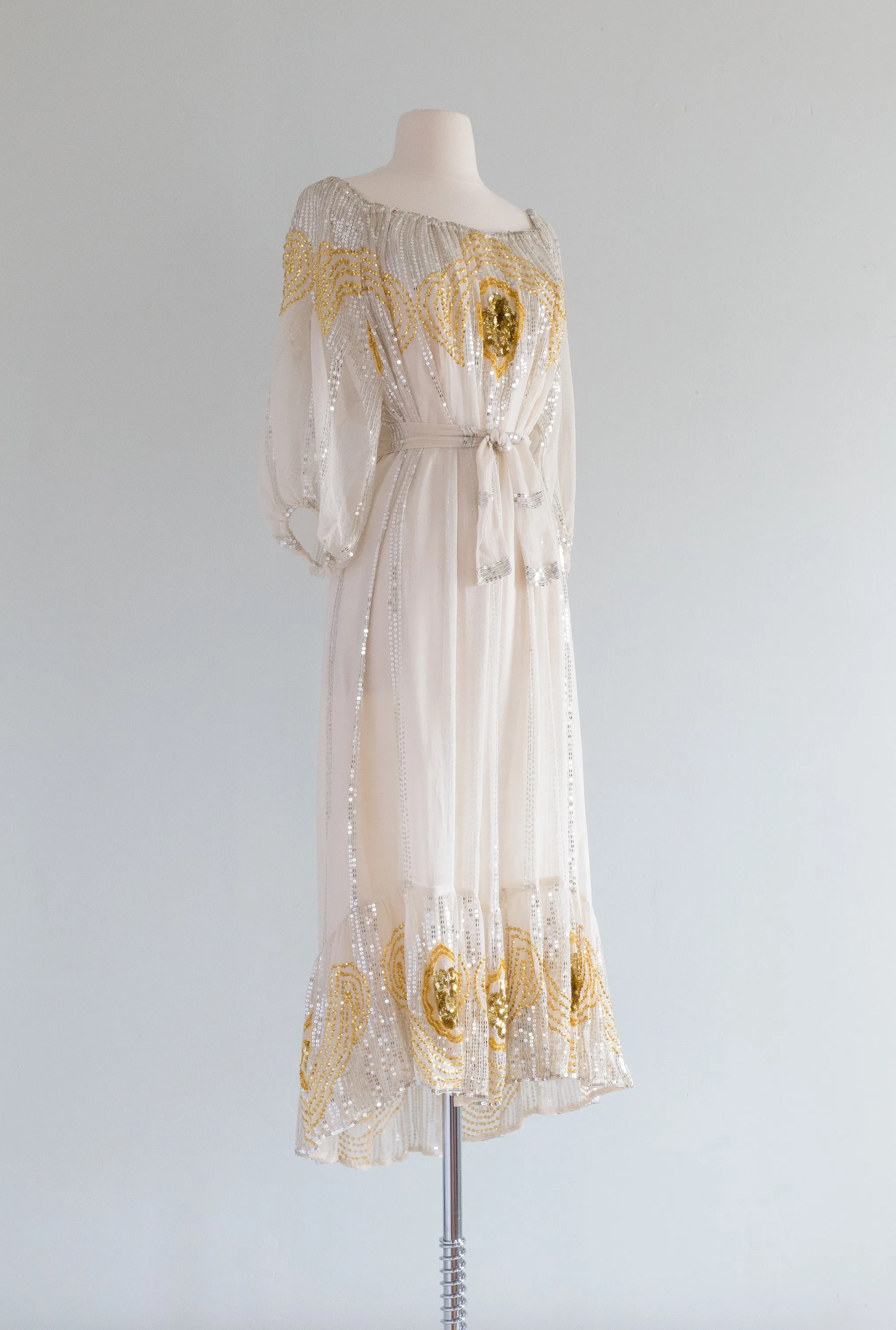 1970s LUXE BOHEMIAN Silk Chiffon Sequin Dress by SWEE LO / OS