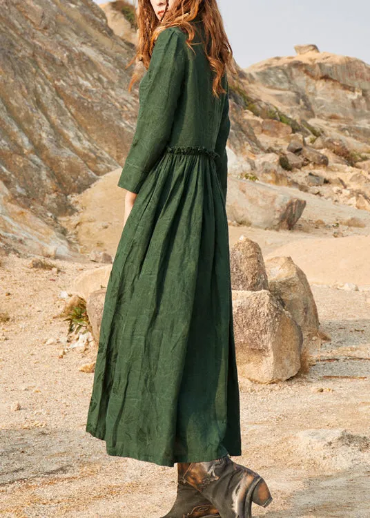 2022 Green Cinched V Neck Ruffled Silk Holiday Dress Long Sleeve