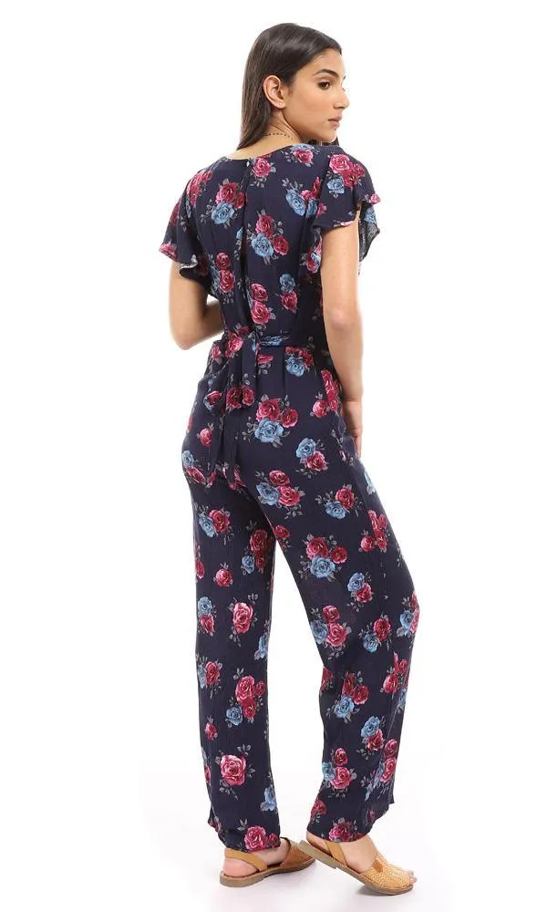 57312 Deep V-Neck Floral Navy Blue Open Back Jumpsuit