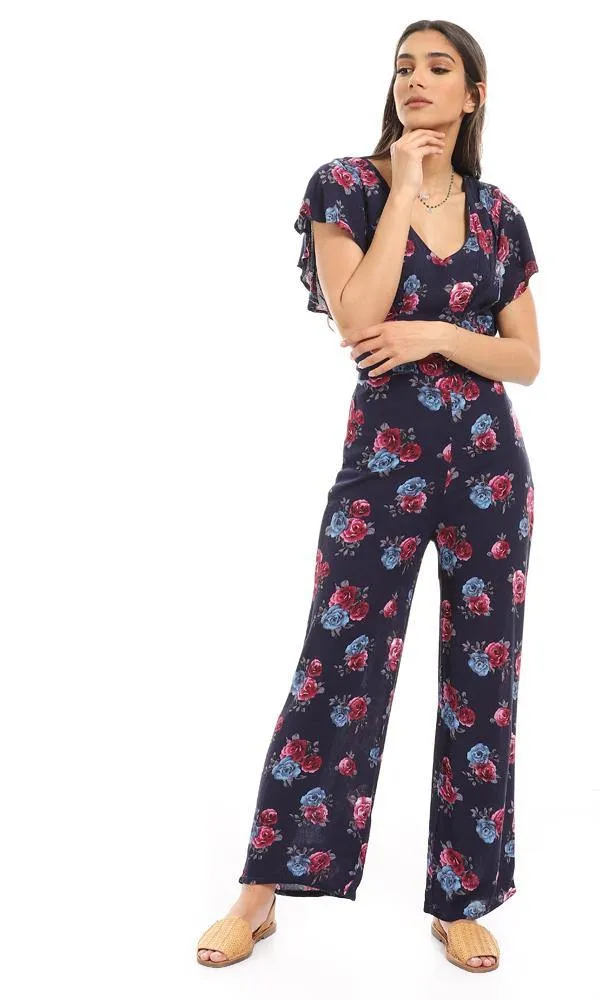 57312 Deep V-Neck Floral Navy Blue Open Back Jumpsuit