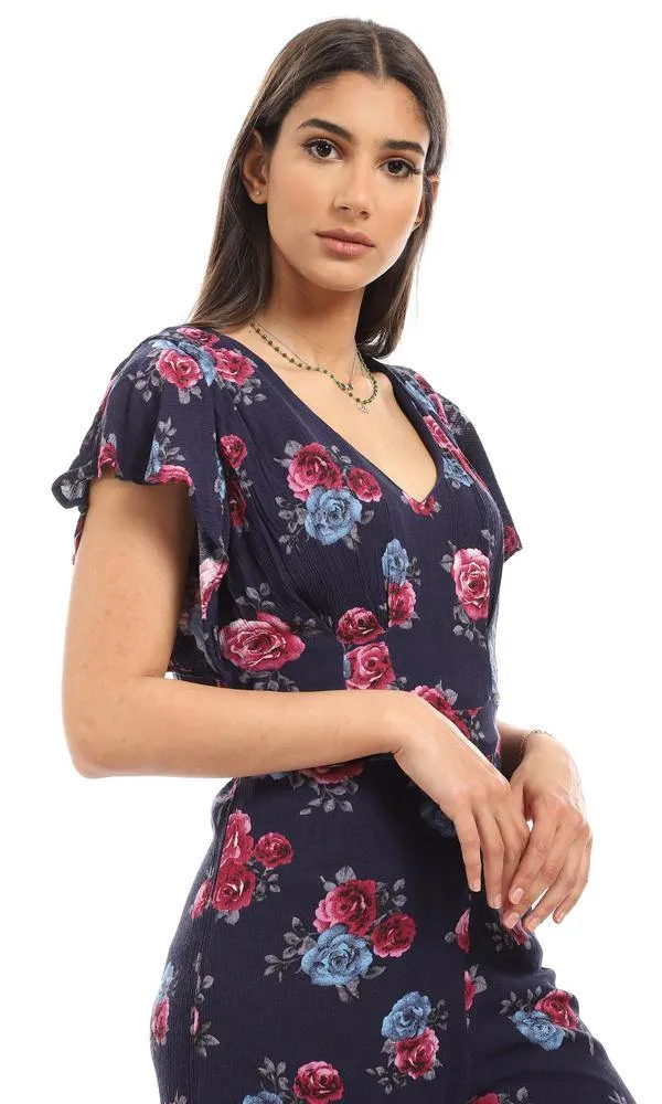 57312 Deep V-Neck Floral Navy Blue Open Back Jumpsuit