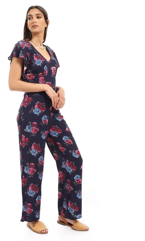 57312 Deep V-Neck Floral Navy Blue Open Back Jumpsuit