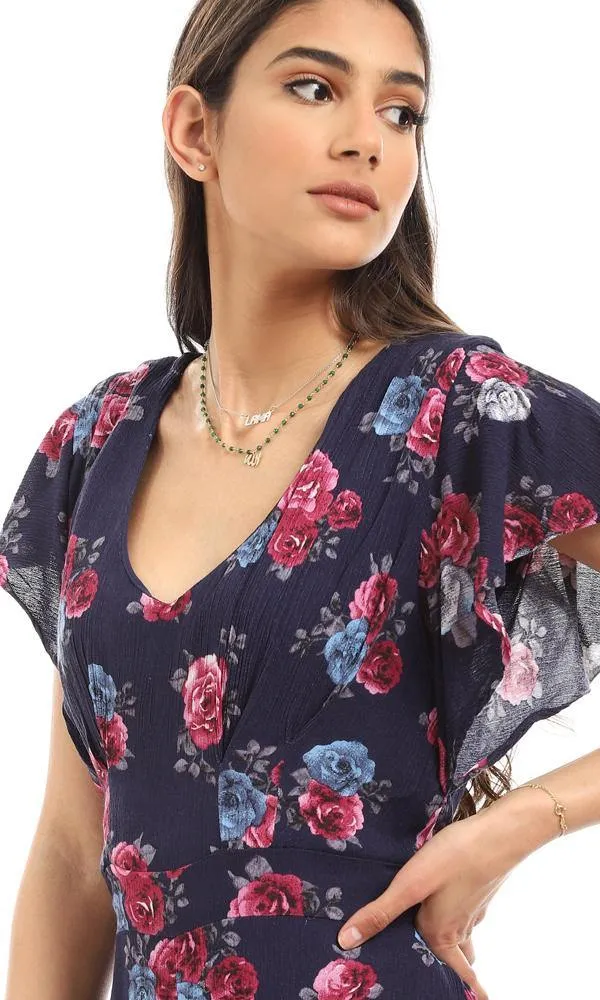 57312 Deep V-Neck Floral Navy Blue Open Back Jumpsuit