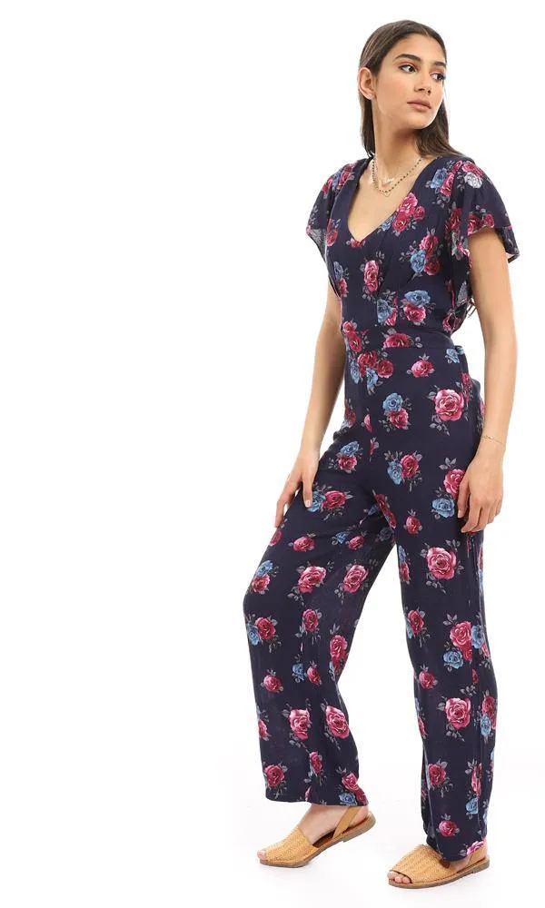 57312 Deep V-Neck Floral Navy Blue Open Back Jumpsuit