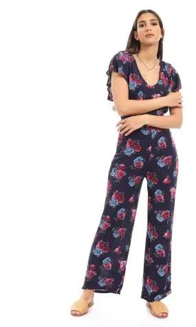 57312 Deep V-Neck Floral Navy Blue Open Back Jumpsuit