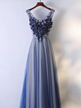 A-line V-neck Floor-Length Tulle Appliqued Beaded Prom Dresses ASD26882