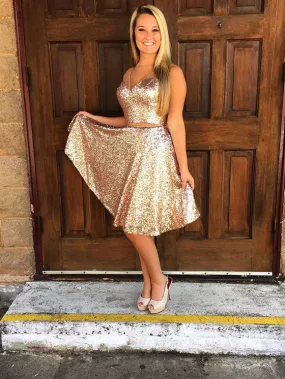 A-line V-neck Mini Sequin Short Shinny Two Piece Homecoming Dresses APD2731