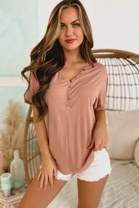 Afternoons With You Short Sleeve Button-Neck Tee (Dark Peach)