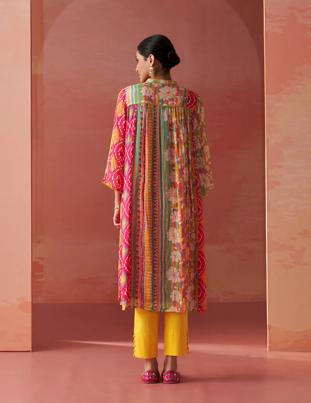 Anayna Fuchsia Pink Printed Chiffon Embroidered A-Line Kurta