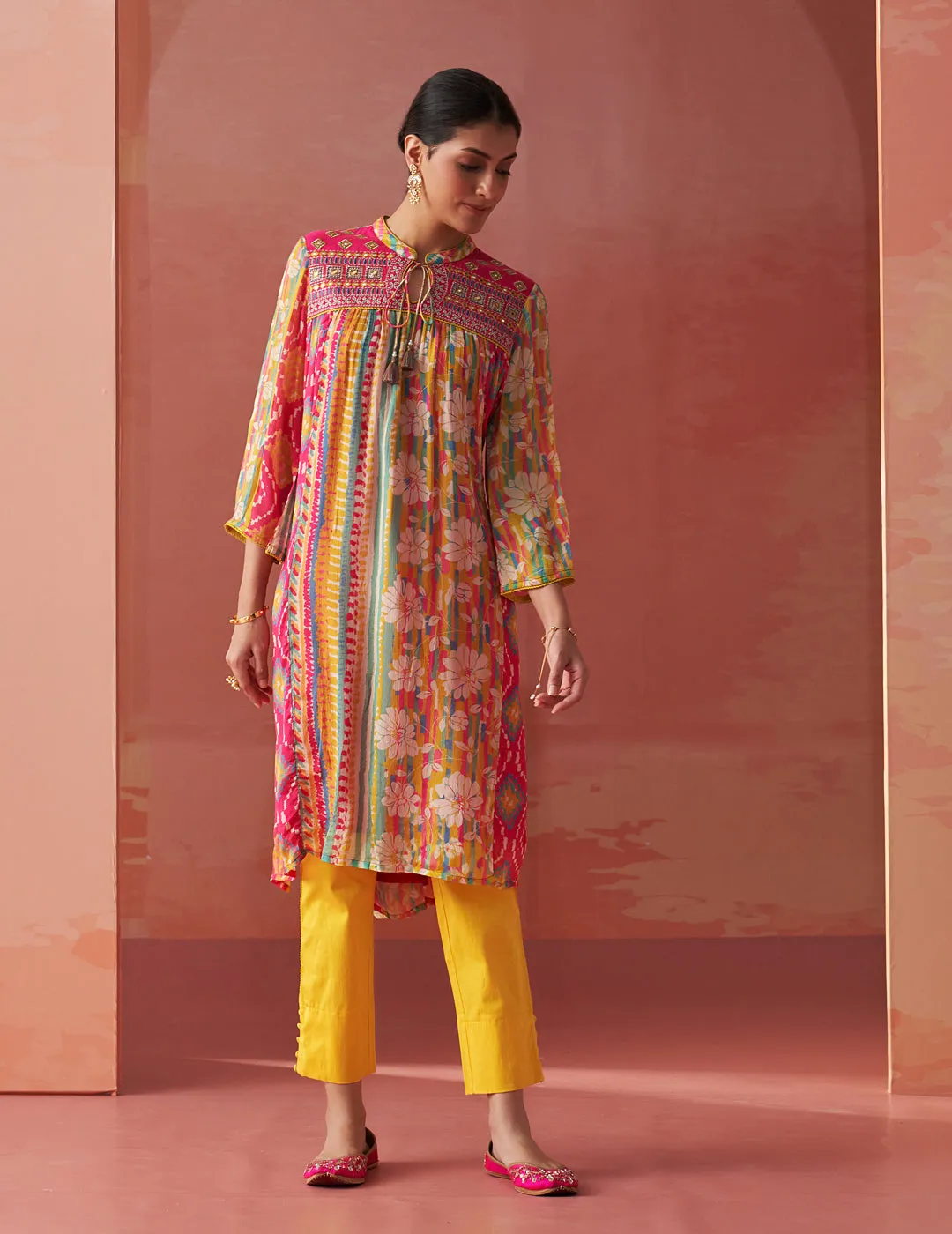 Anayna Fuchsia Pink Printed Chiffon Embroidered A-Line Kurta