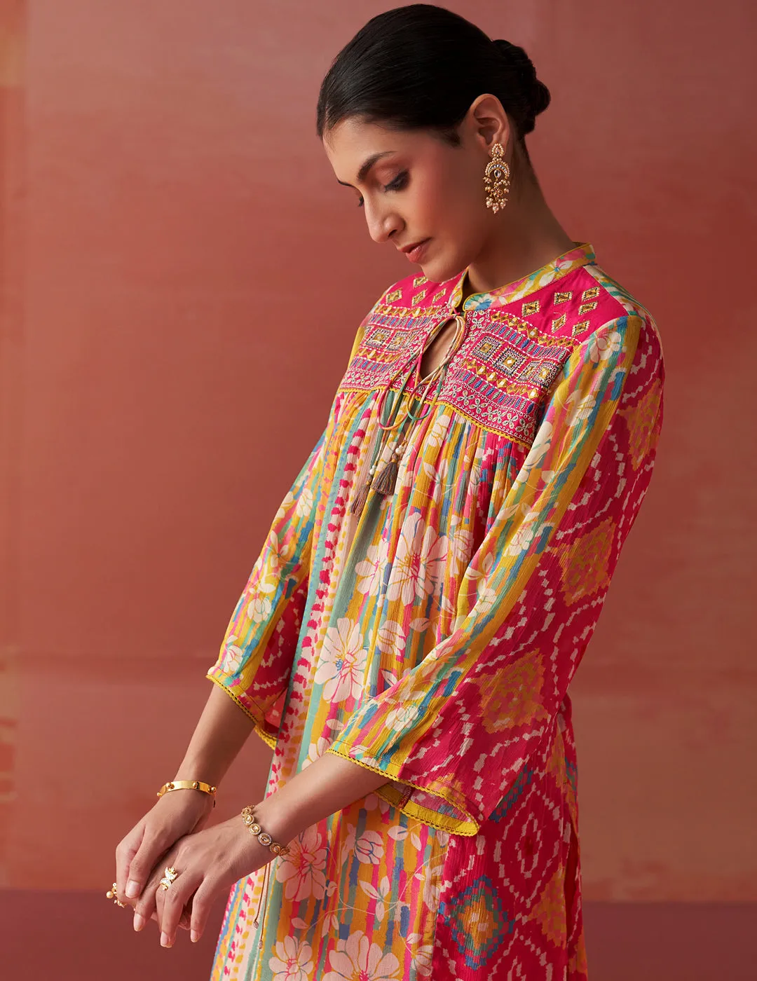 Anayna Fuchsia Pink Printed Chiffon Embroidered A-Line Kurta