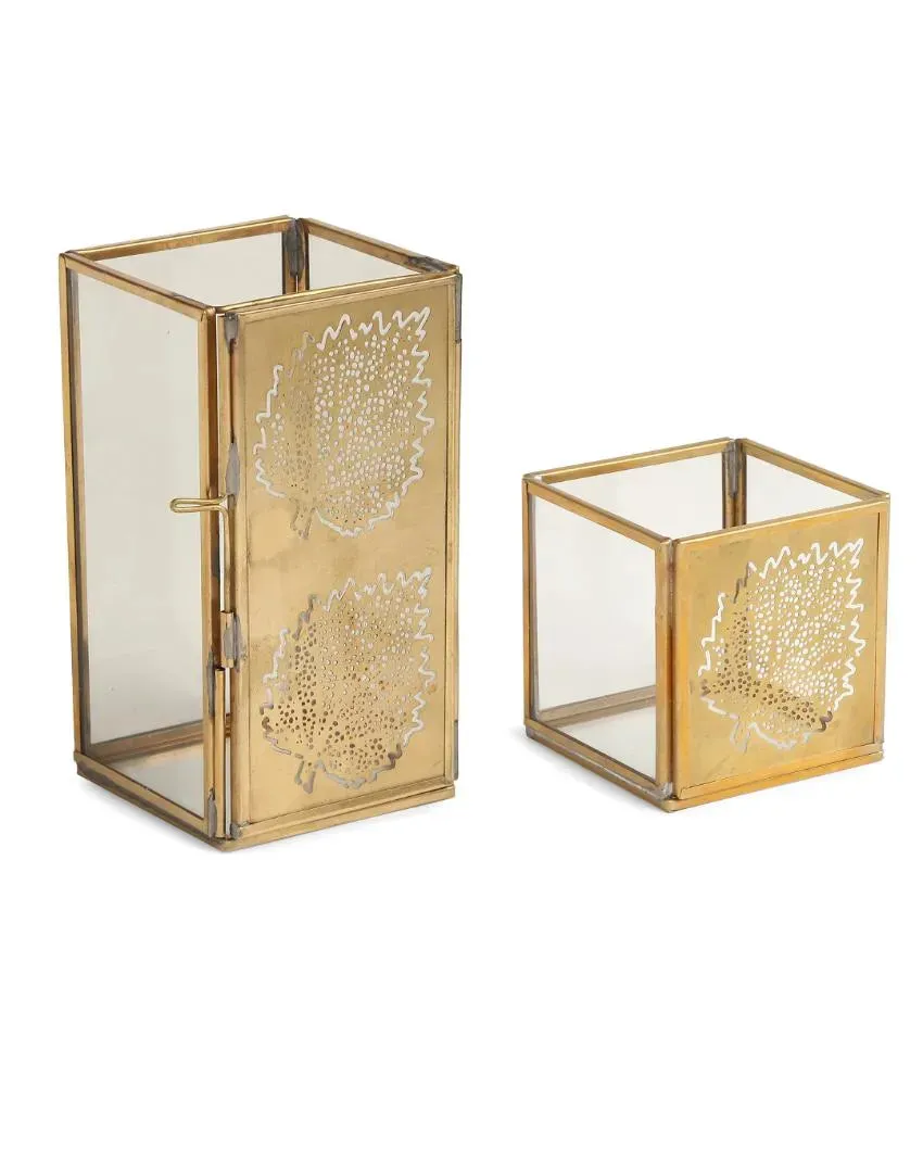 Antique Gold & Glass Leaf Design Candle Holders | Set  Of 2 | 3 inches & 6 inches