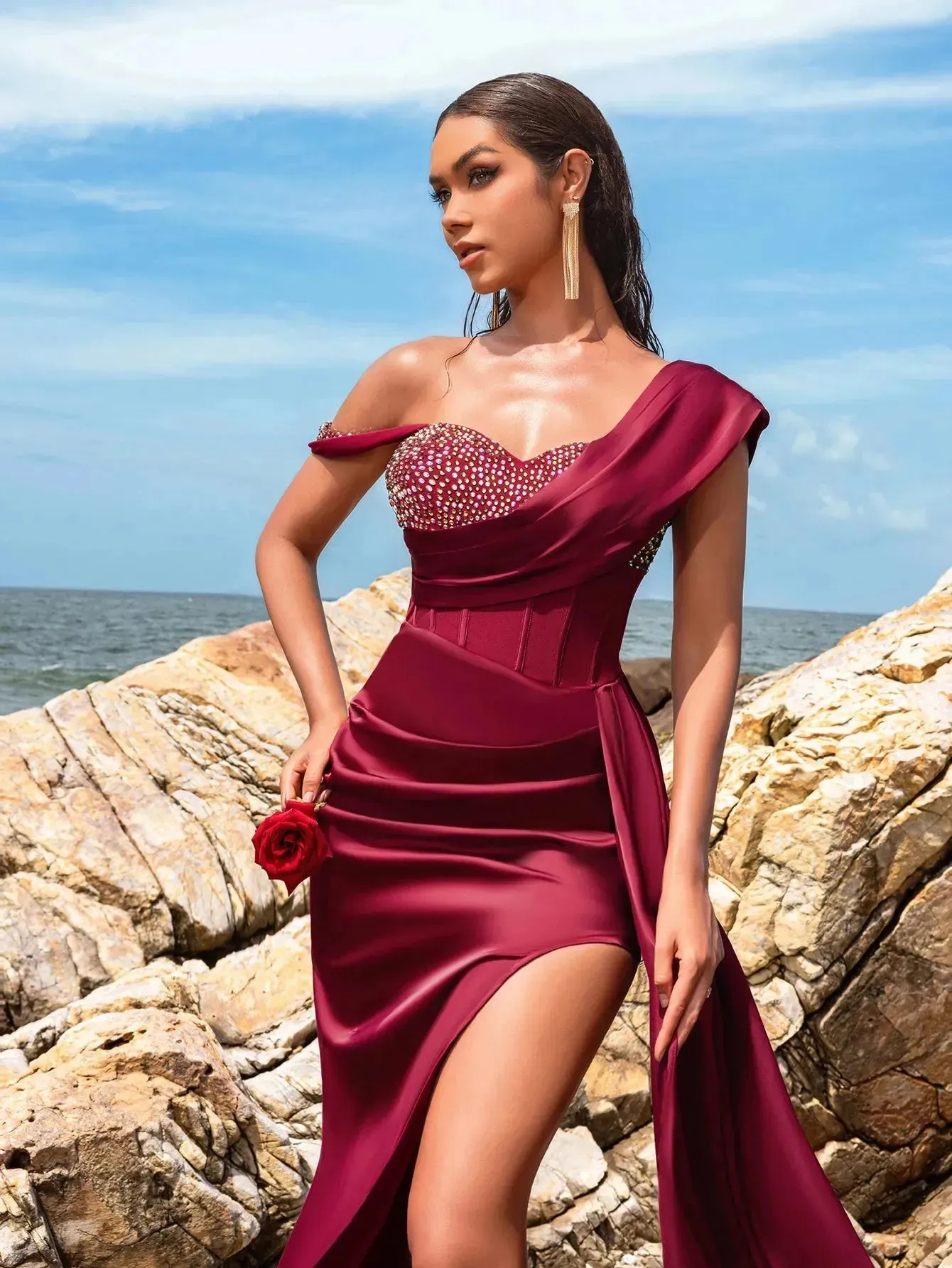 Asymmetrical Neck Split Thigh Satin Mermaid Dress