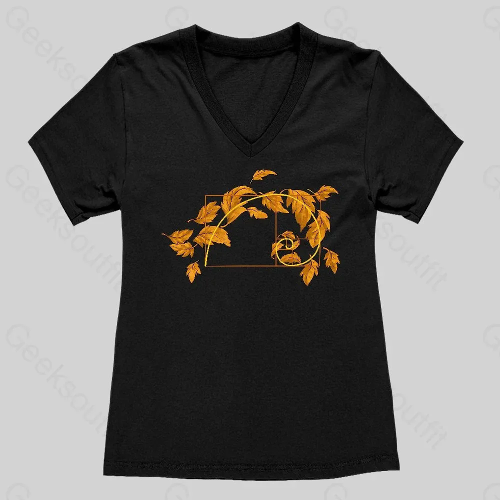 Autumn Wind Blowing Leaves in Fibonacci Women's V-Neck T-shirt