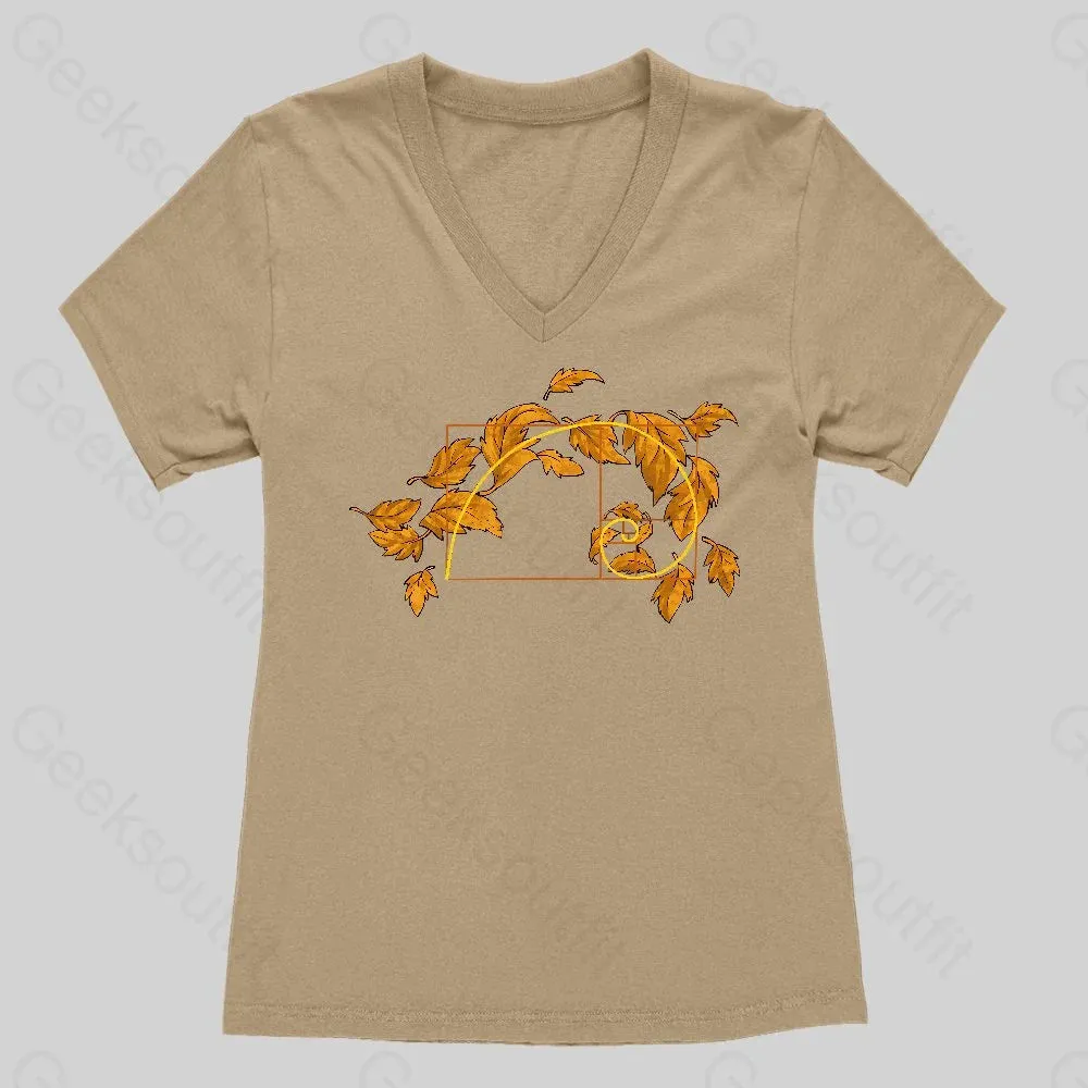 Autumn Wind Blowing Leaves in Fibonacci Women's V-Neck T-shirt