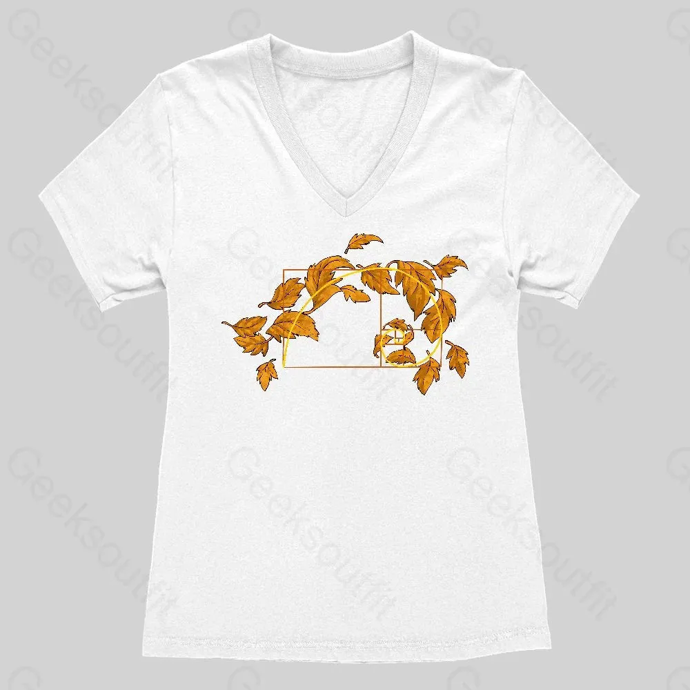 Autumn Wind Blowing Leaves in Fibonacci Women's V-Neck T-shirt