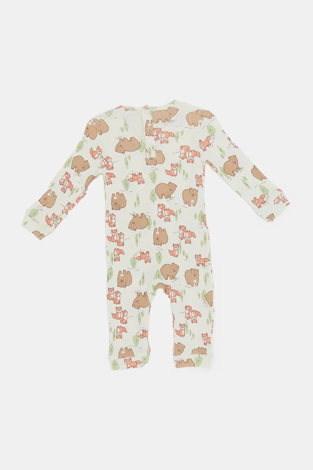 Babies Beige Print Rib Romper With Side Pockets (Single)