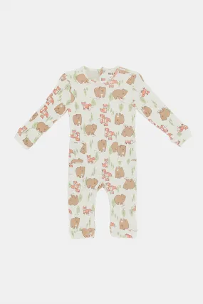 Babies Beige Print Rib Romper With Side Pockets (Single)