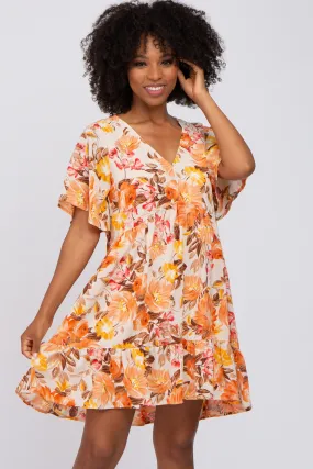 Beige Floral V-Neck Ruffle Hem Dress