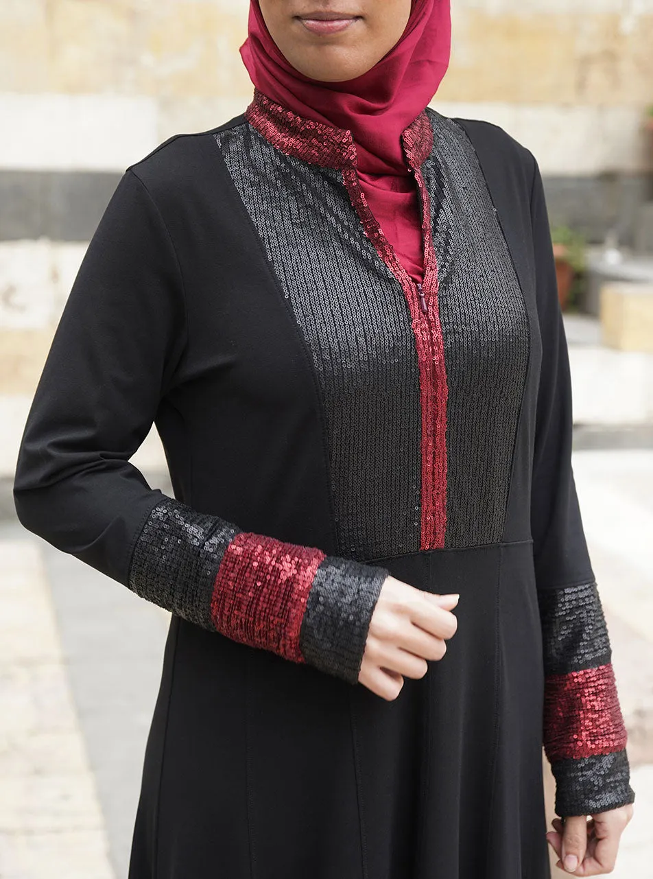 Black and Red Sequin Abaya Gown