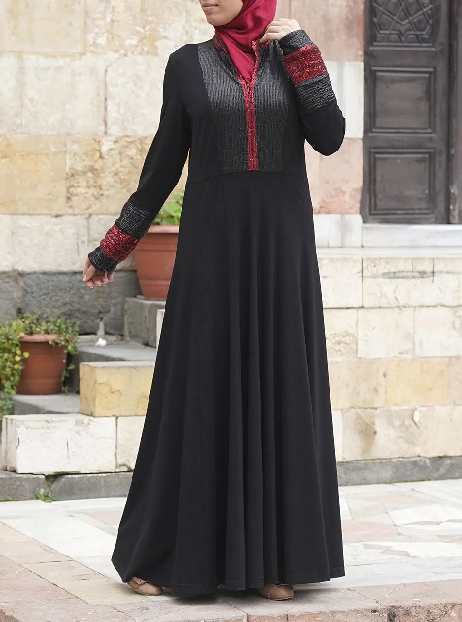 Black and Red Sequin Abaya Gown