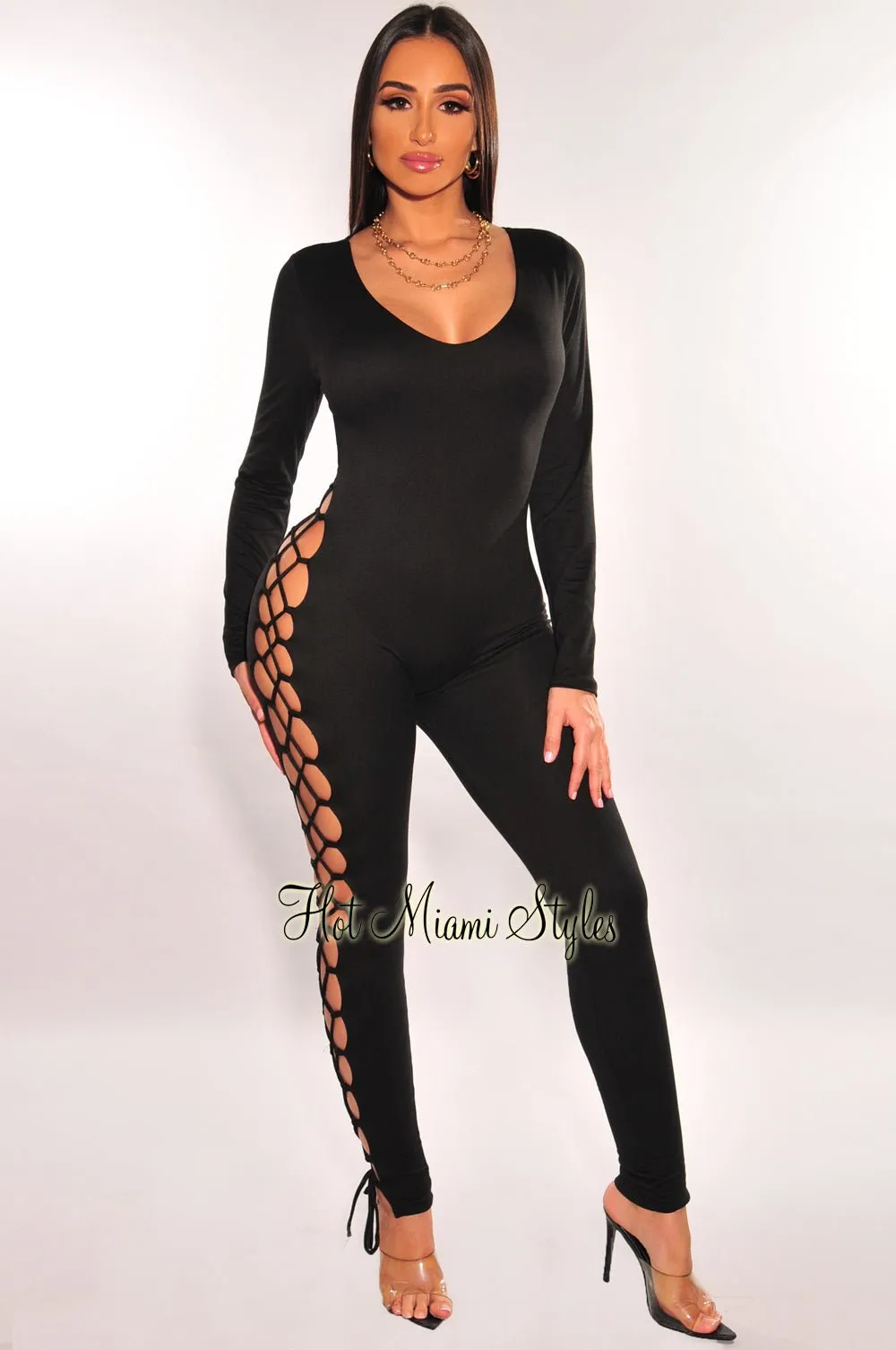 Black Long Sleeve Lace Up Back Jumpsuit