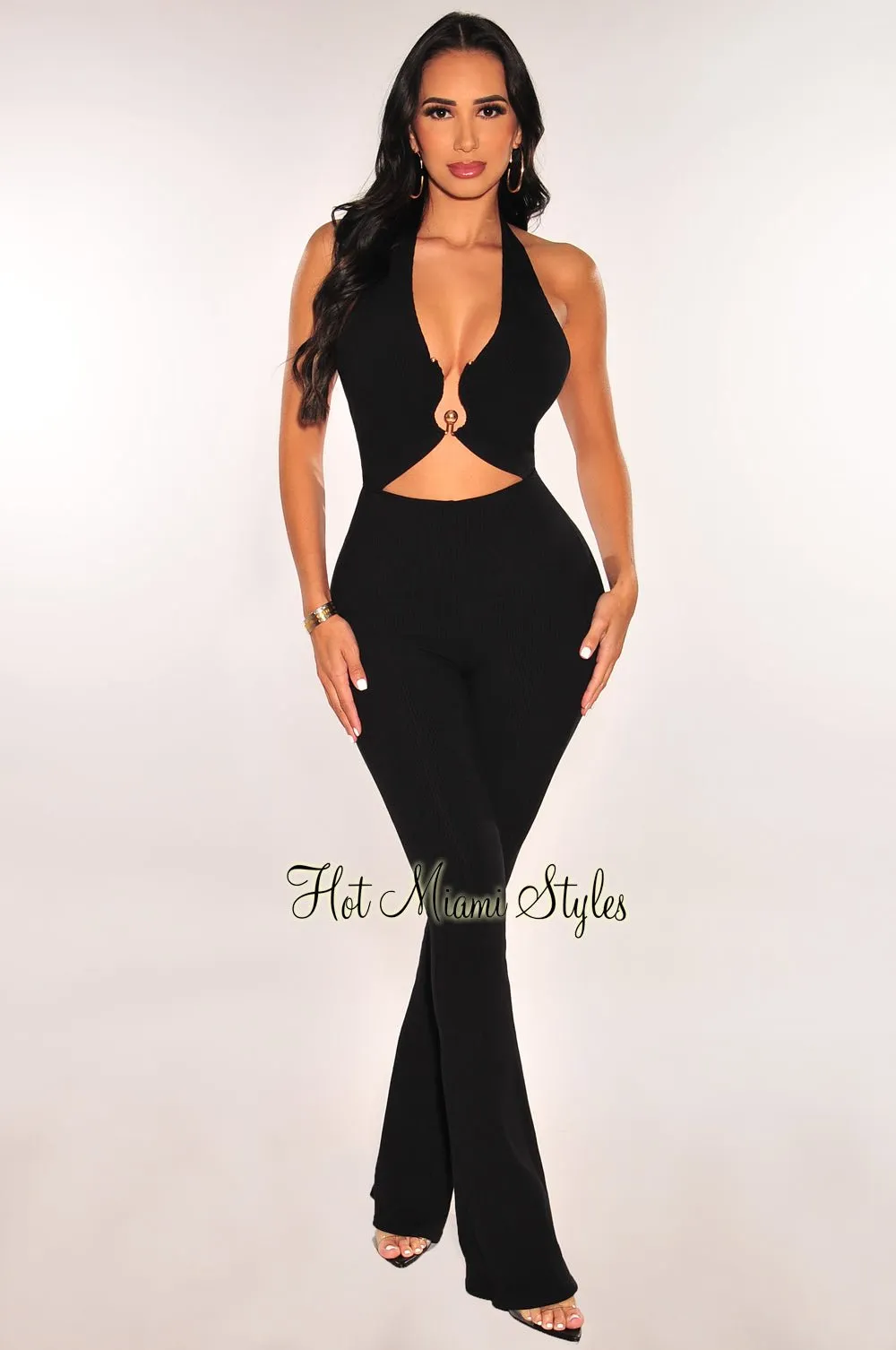 Black Ribbed Halter Cut Out Tie Up Flare Jumpsuit