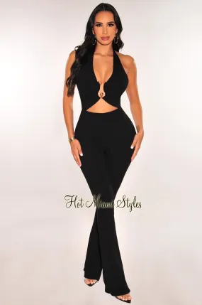 Black Ribbed Halter Cut Out Tie Up Flare Jumpsuit