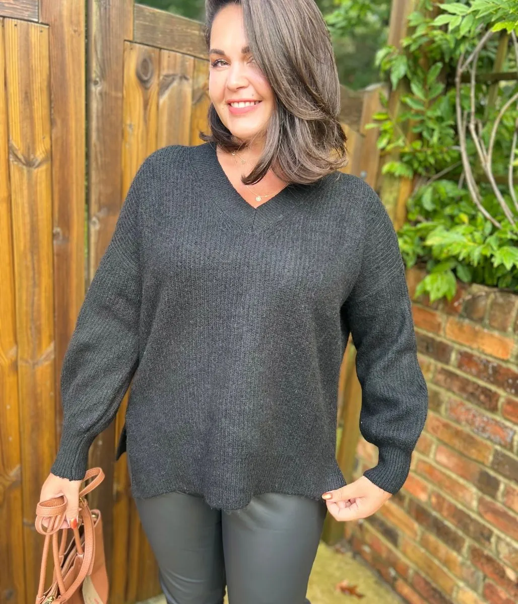 Black Ribbed V Neck Jumper