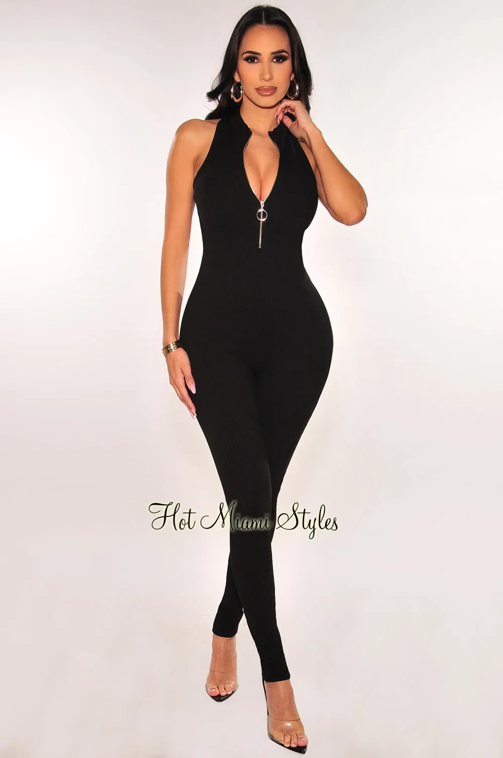 Black Sleeveless Ribbed Zipper Cut Out Back Jumpsuit