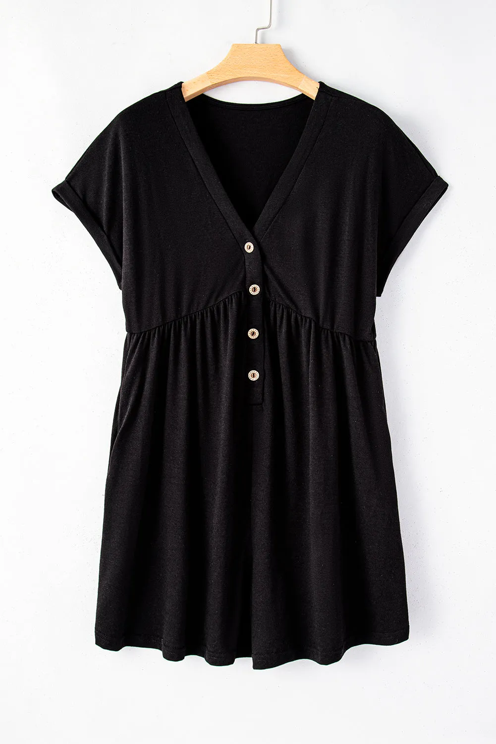 Black V Neck Buttons Loose Cuffed Short Sleeve Romper