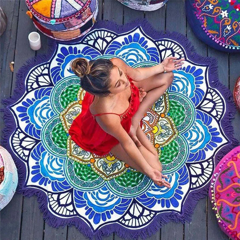 Bohemian Mandala Tassel Beach Round Tapestry | Hippie Throw Roundie | Yoga Mat Towel 10 | Floral Printed Design