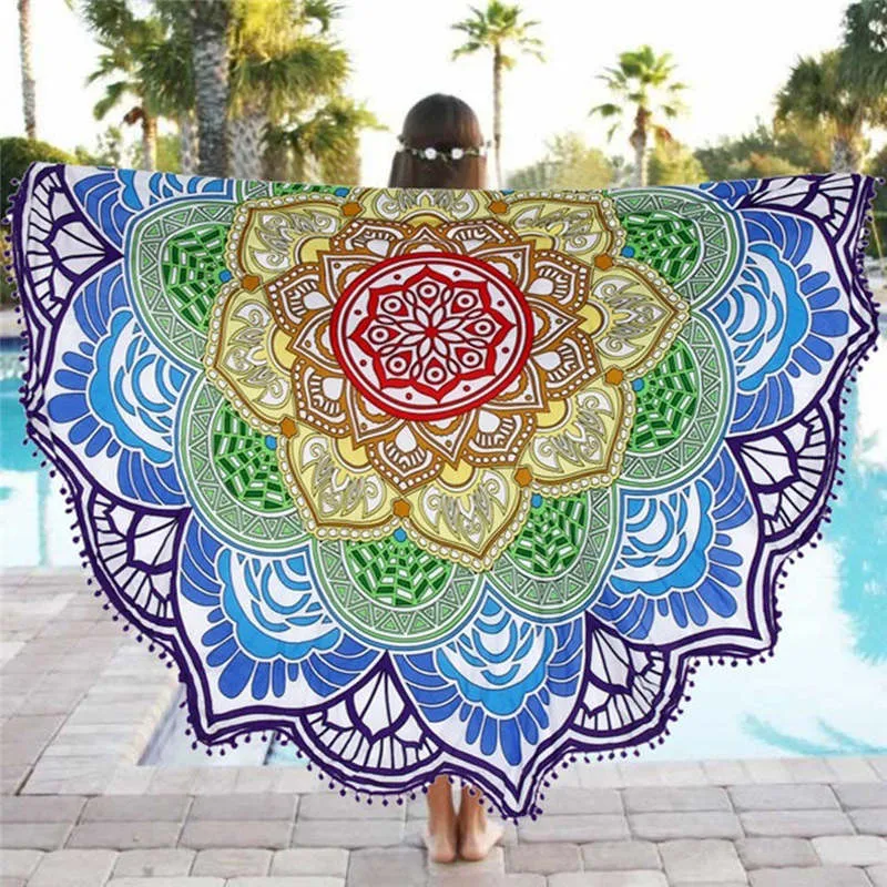 Bohemian Mandala Tassel Beach Round Tapestry | Hippie Throw Roundie | Yoga Mat Towel 10 | Floral Printed Design