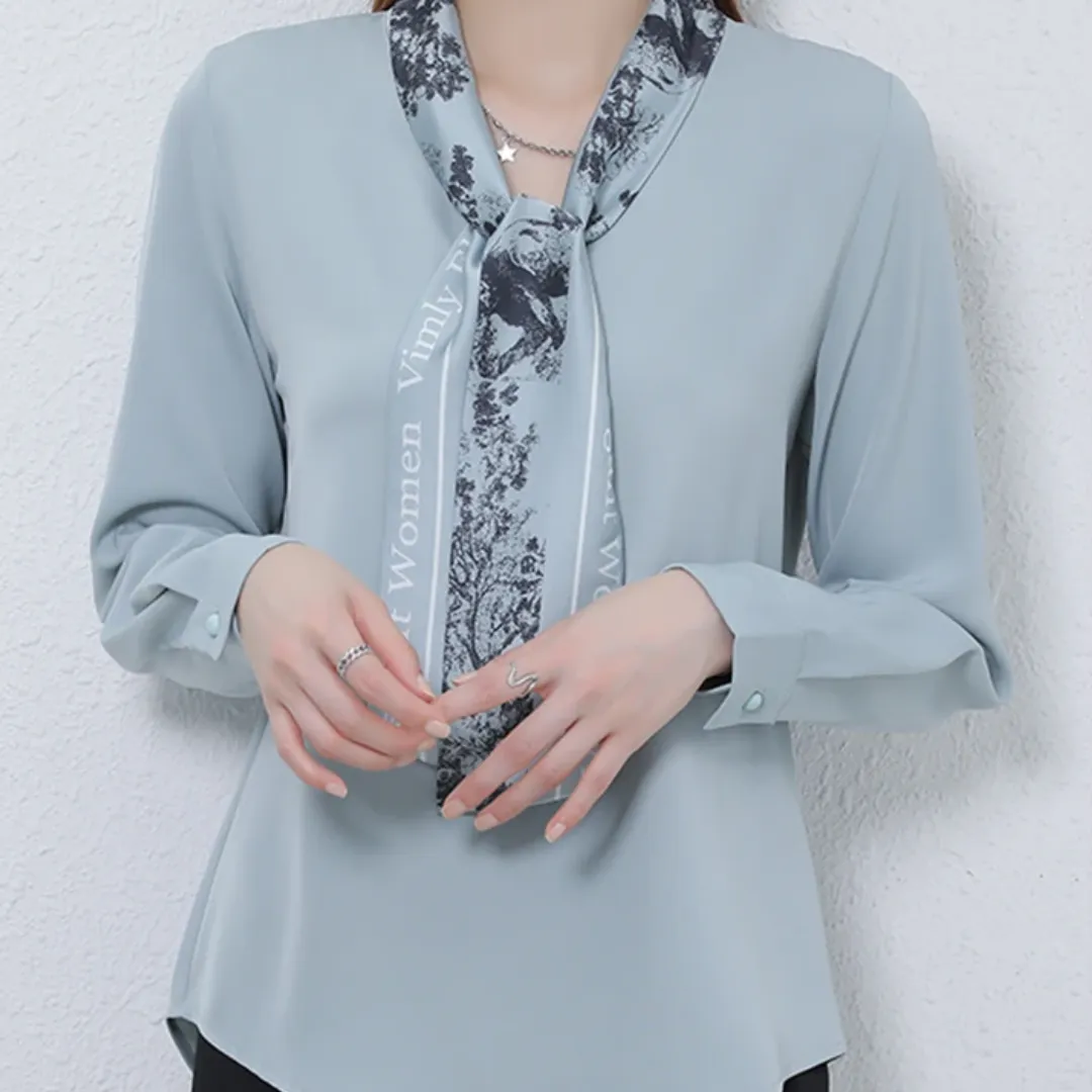 Bow V Neck Chiffon Blouse Women's Office Top - Long Sleeve Pullover