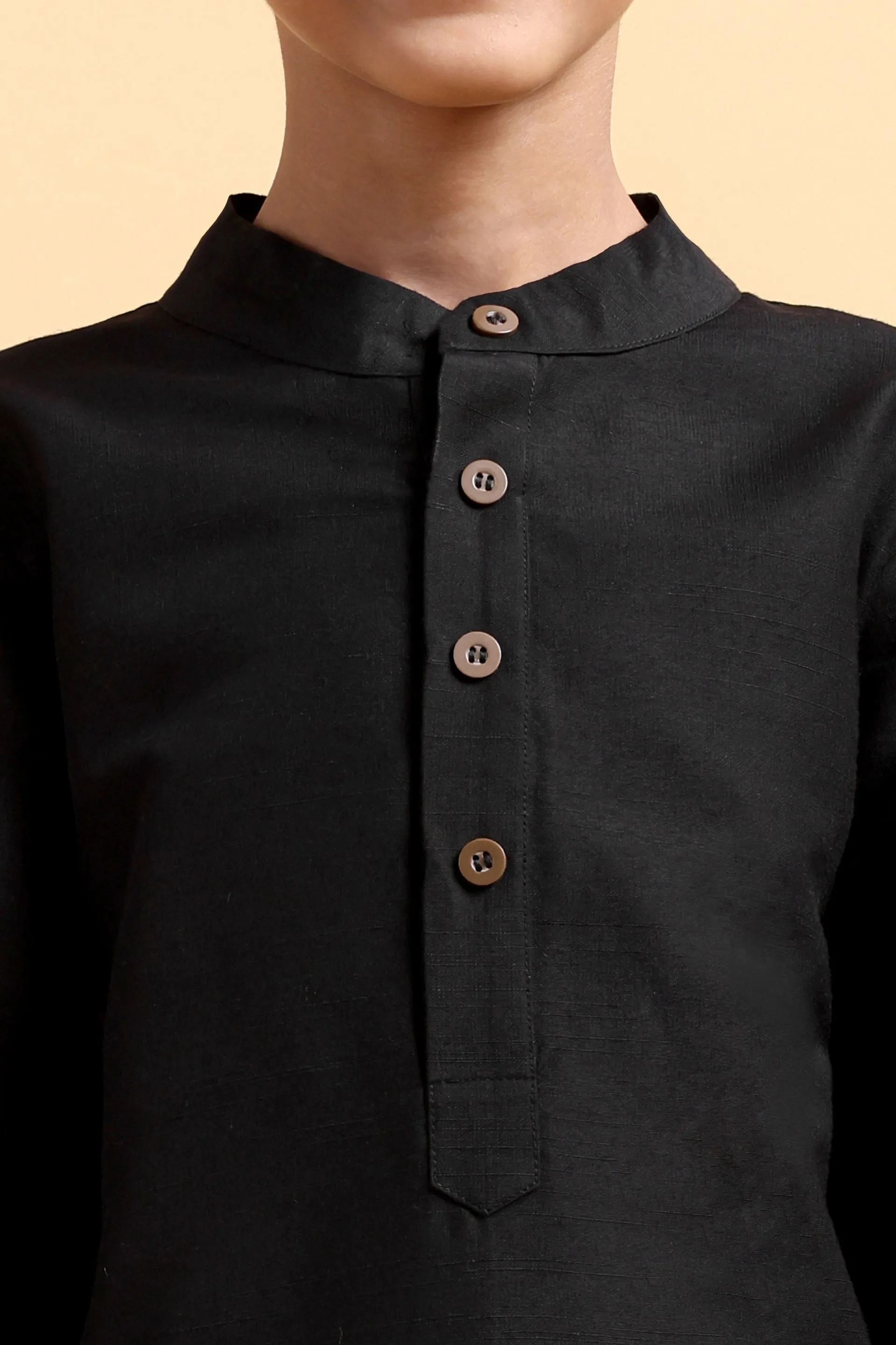 Boys Black Cotton Silk Kurta & Pajama