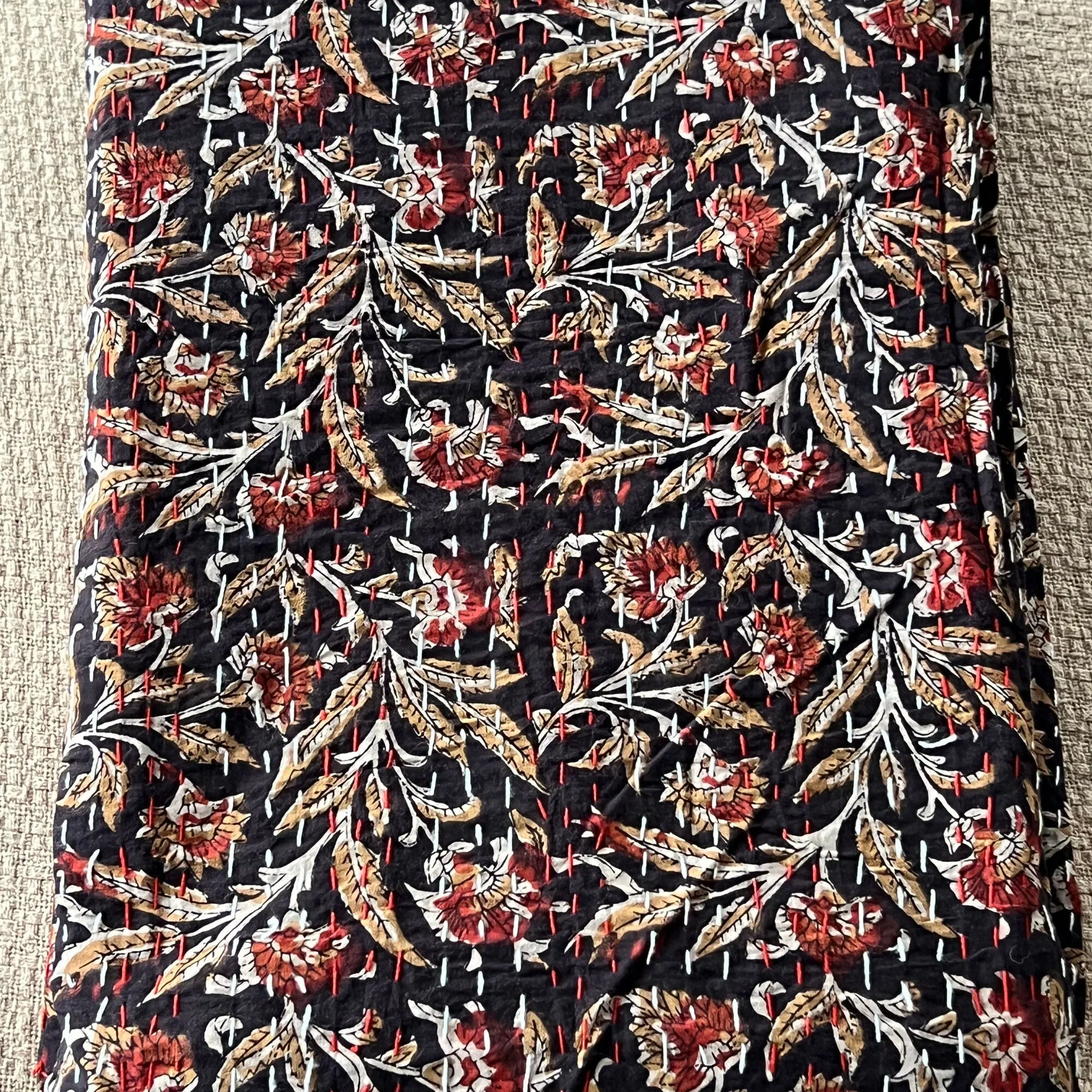 Burgundy Handcrafted Indian Handmade Floral Print Kantha Thin Quilt Bedspread Blanket Cotton Throw Bed Coverlet, Gift For Home