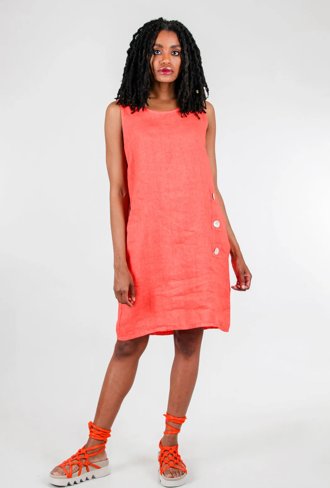 Button Detail Linen Dress, Hibiscus