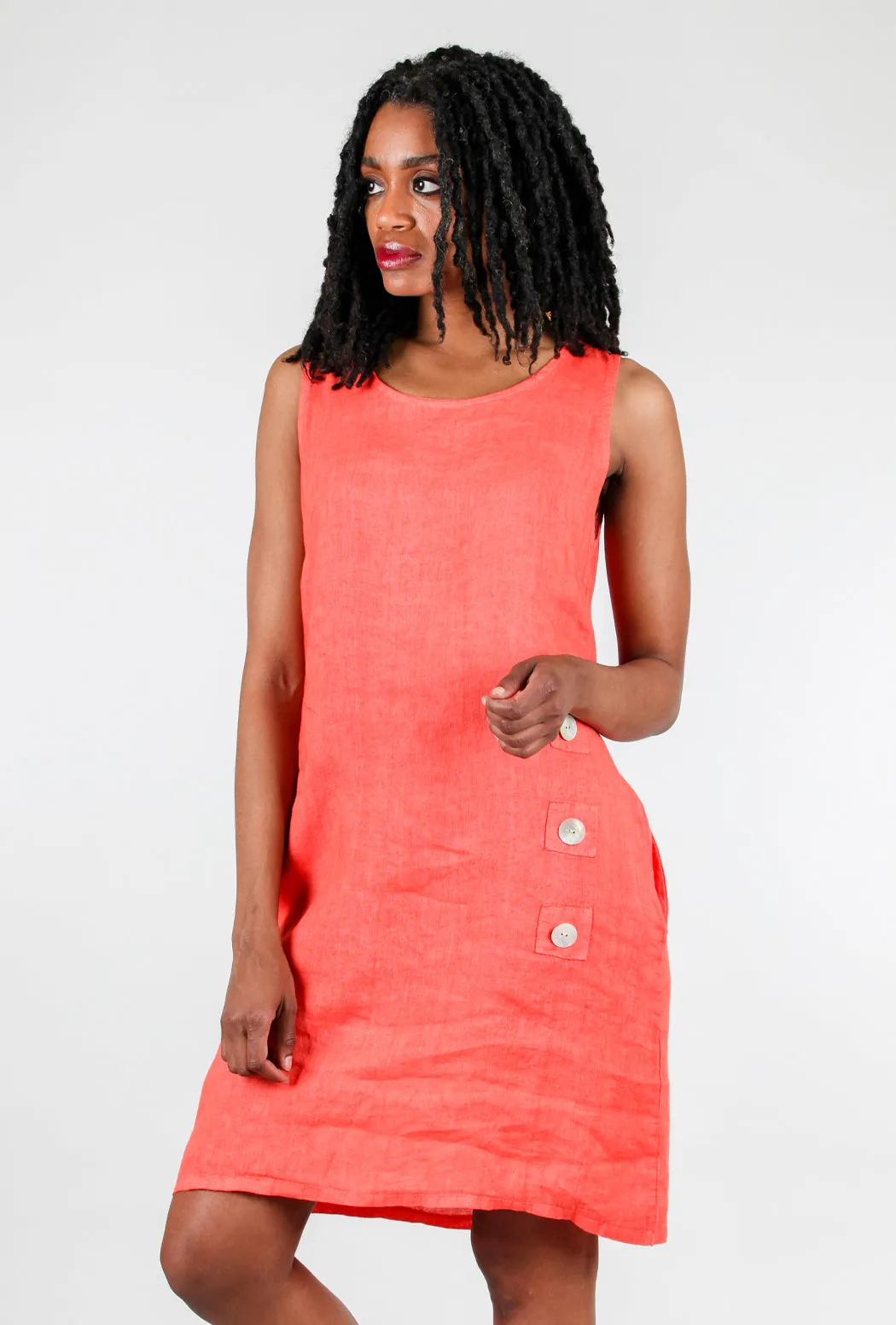 Button Detail Linen Dress, Hibiscus