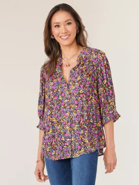 Cinched Lantern Sleeve Ruffle V-Neck Printed Petite Woven Top