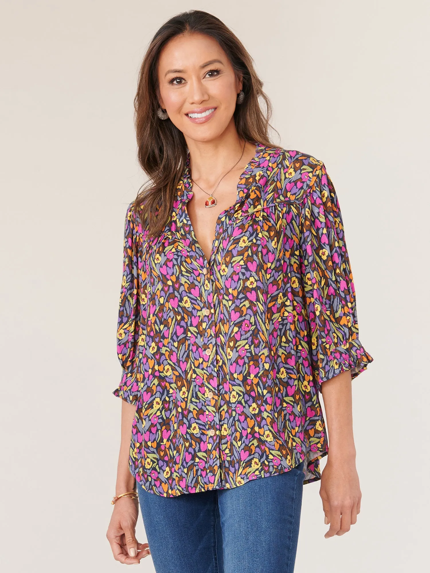 Cinched Lantern Sleeve Ruffle V-Neck Printed Petite Woven Top