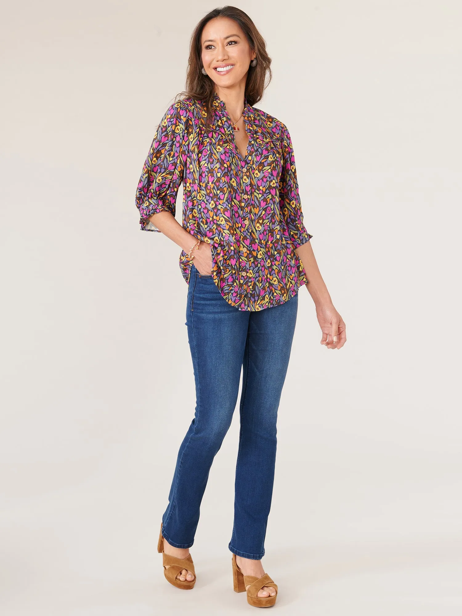 Cinched Lantern Sleeve Ruffle V-Neck Printed Petite Woven Top