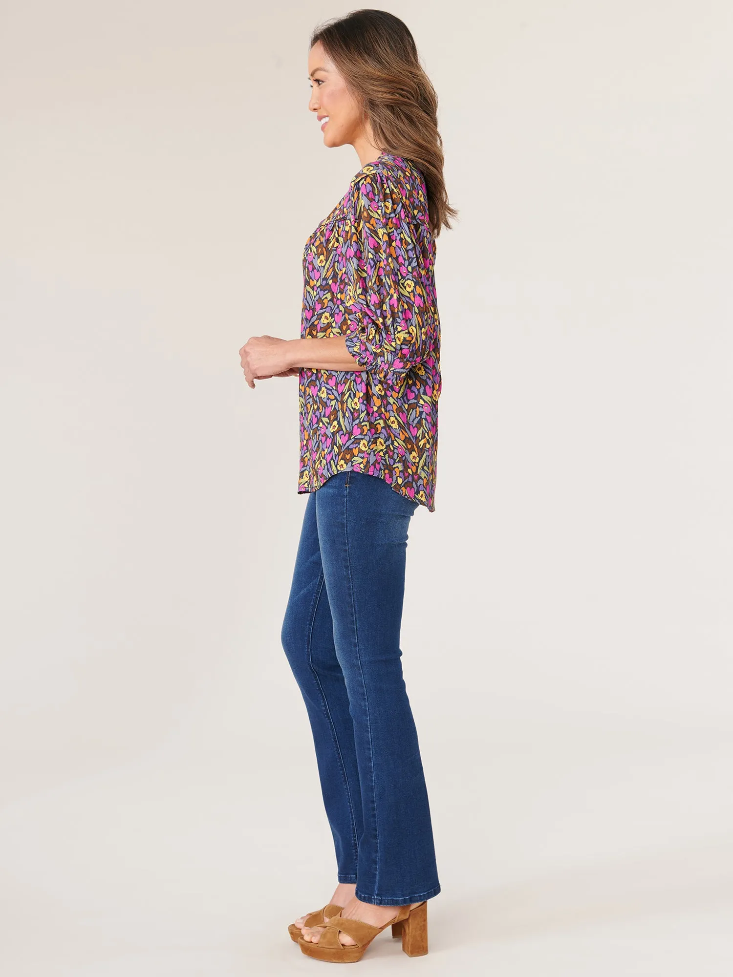 Cinched Lantern Sleeve Ruffle V-Neck Printed Petite Woven Top