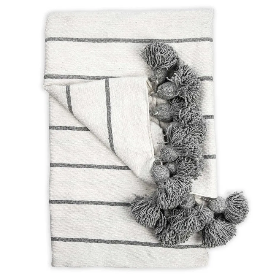 Classic Light Grey Striped Moroccan Pom Pom Throw