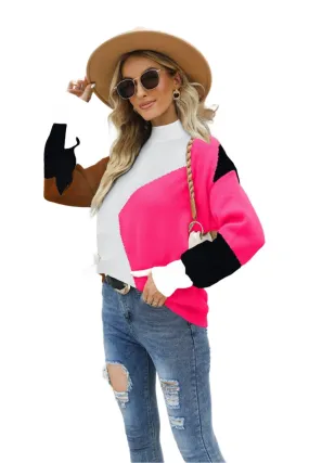 Color Block Mock Neck Ribbed Trim Sweater