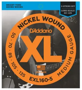 D'Addario EXL160-5 5-String Nickel Wound Bass Strings, Medium 50-135, Long Scale