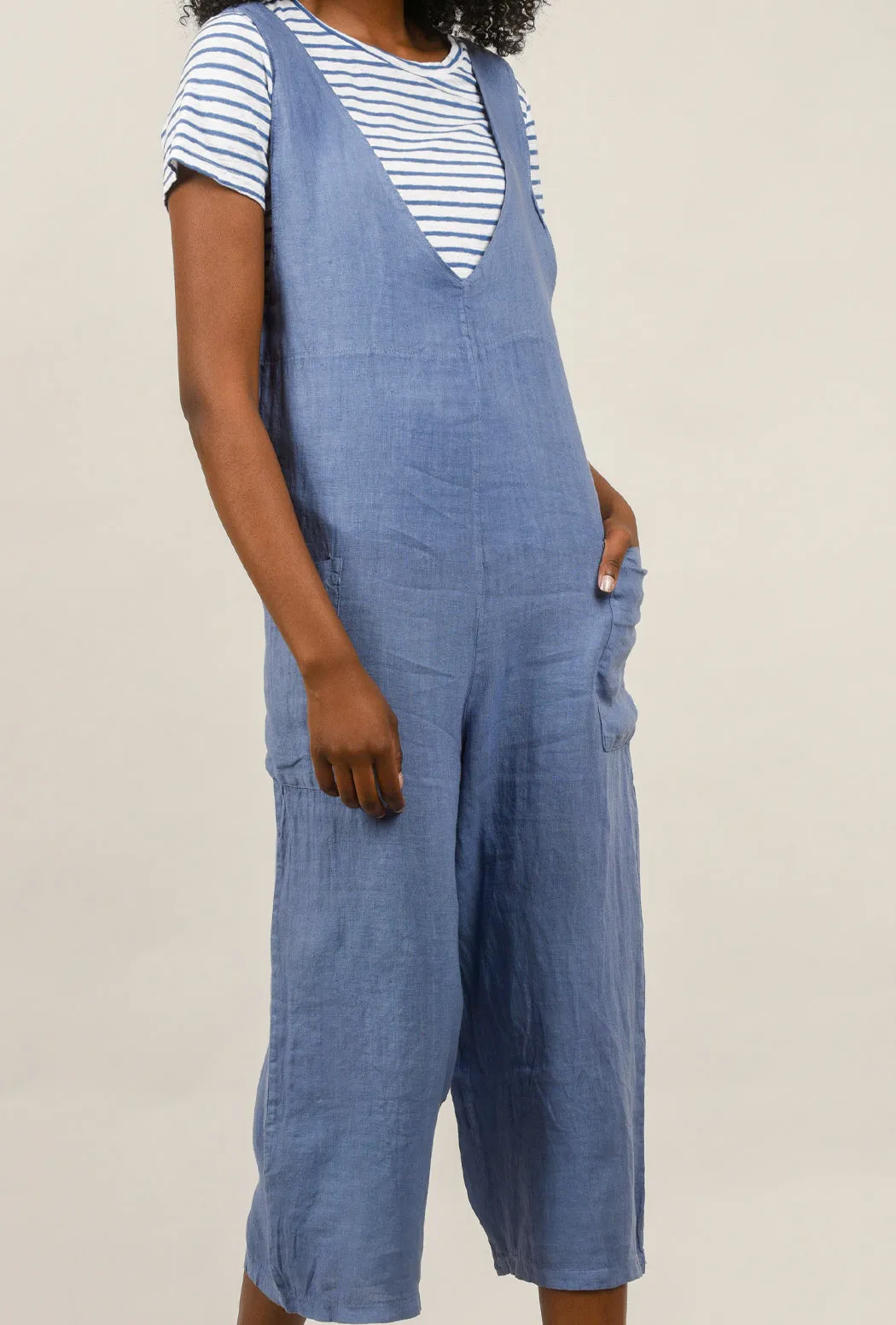 Deep V Linen Romper, Blue