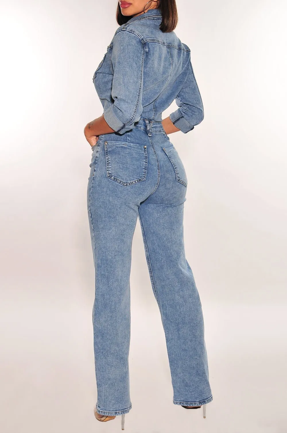 Denim Long Sleeve Collared Button Up Jumpsuit